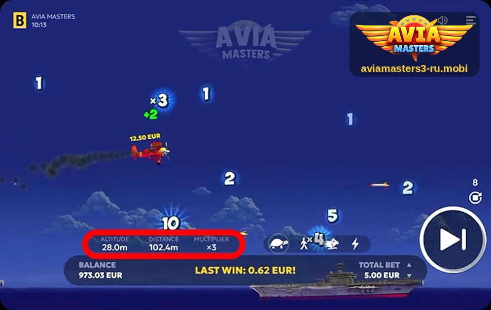 Aviamasters: самолёт с дымом после попадания ракеты, множитель ×3, выигрыш 12.50 EUR, впереди бонусы ×3 и +2