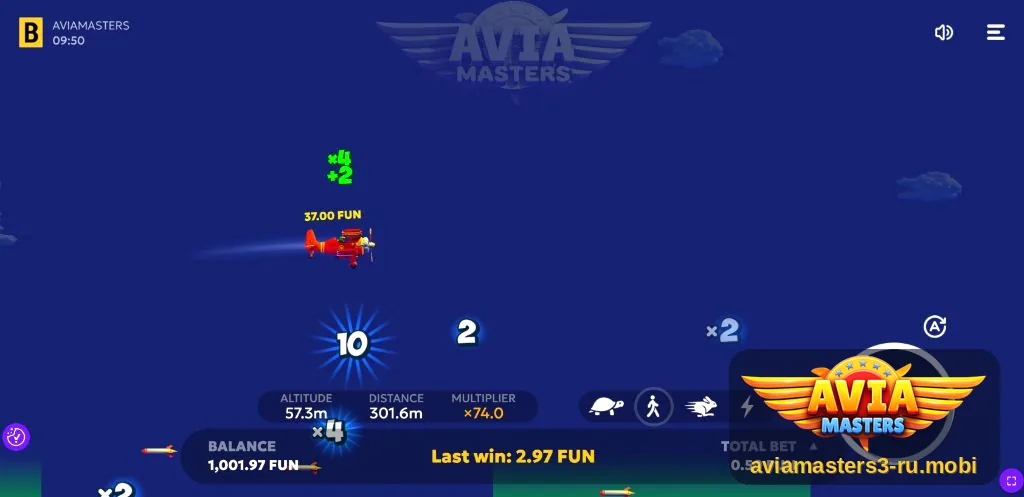 Геймплей Aviamasters: самолёт собрал множители ×4 и +2, текущий выигрыш 37 FUN, коэффициент ×74