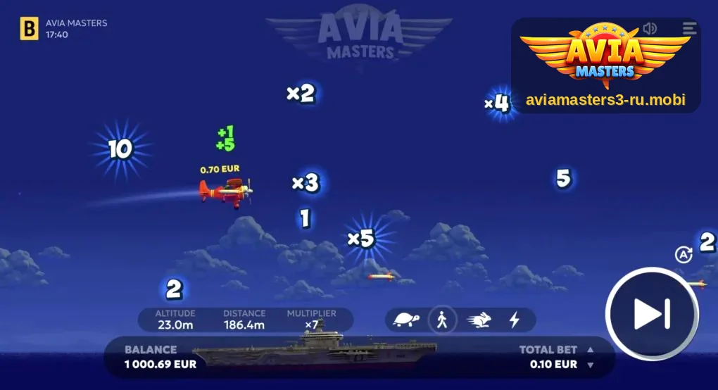 Aviamasters: самолёт с множителем ×7 летит между бонусами ×2, ×3, ×4, ×5, 10 и ракетой, выигрыш 0.70 EUR