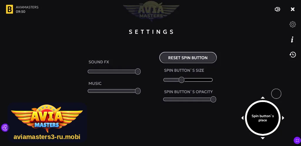 Меню настроек Aviamasters: громкость звука и музыки, сброс, размер и прозрачность кнопки запуска, выбор её положения